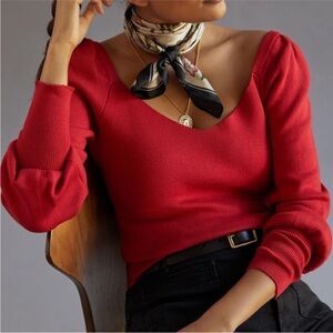 NWT Anthropologie Sweetheart‎ Puff Sleeve Sweater, XS, Red